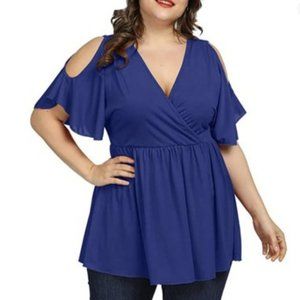 ALLEGRACE Cold Shoulder Tops V Neck Flowy Ruffle Sleeve Top Blue 3X